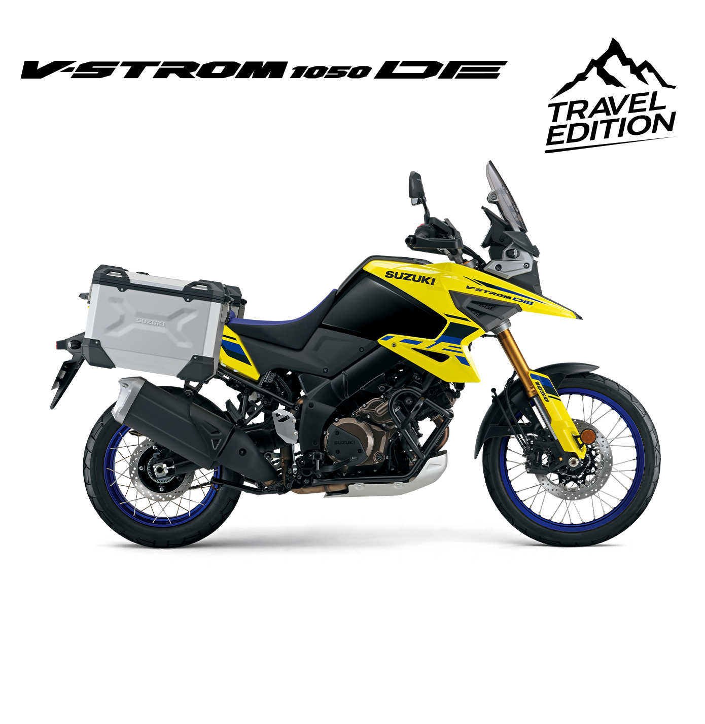 V-Strom 1050DE Travel Edition Ganz gleich, ob onroad oder auf Schotter: Die V-Strom 1050DE Travel Edition ist das Bike für deine Motorrad-Abenteuer. Pack deine Ausrüstung in die robusten Aluminiumkoffer und geh auf den Trail. Und wenn es im Gelände hart auf hart kommt, finden deine Boots sicheren Halt auf den einstellbaren Enduro-Fußrasten.