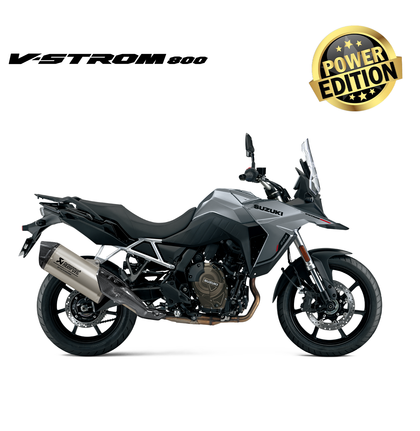 V-Strom 800 Power Edition Mehr Sound. Mehr Abenteuer. Der Akrapovič Slip-On Endschalldämpfer verleiht dem kraftvollen Reihen-Twin der V-Strom 800 seinen unverwechselbaren Sound – markant, dynamisch und perfekt abgestimmt. Erlebe pures Fahrvergnügen auf jedem Kilometer und bringe Dein Abenteuer auf das nächste Level. Auch auf 35 kW umrüstbar.