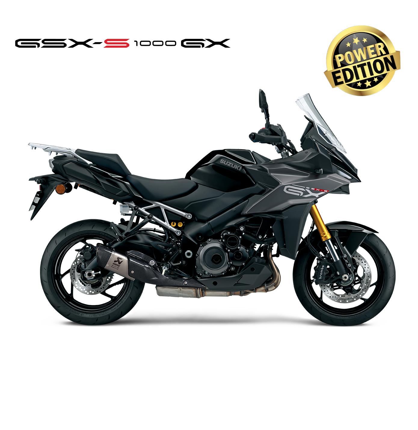 GSX-S1000GX Power Edition Die Symphonie der Straße Mehr als nur Leistung – die GSX-S1000GX Power Edition bringt Emotion auf jede Fahrt. Der Akrapovič Slip-On Endschalldämpfer verstärkt den kernigen Sound und lässt den Reihen-Vierzylinder noch präsenter klingen – kraftvoll, tief und unverkennbar. Ob auf kurvigen Landstraßen oder langen Touren – dieses Crossover-Bike klingt nach purem Fahrspaß. Wähle deine Variante: Die Power Edition ist in der Standardausführung mit Seitenständer bzw. gegen Aufpreis mit Hauptständer erhältlich.