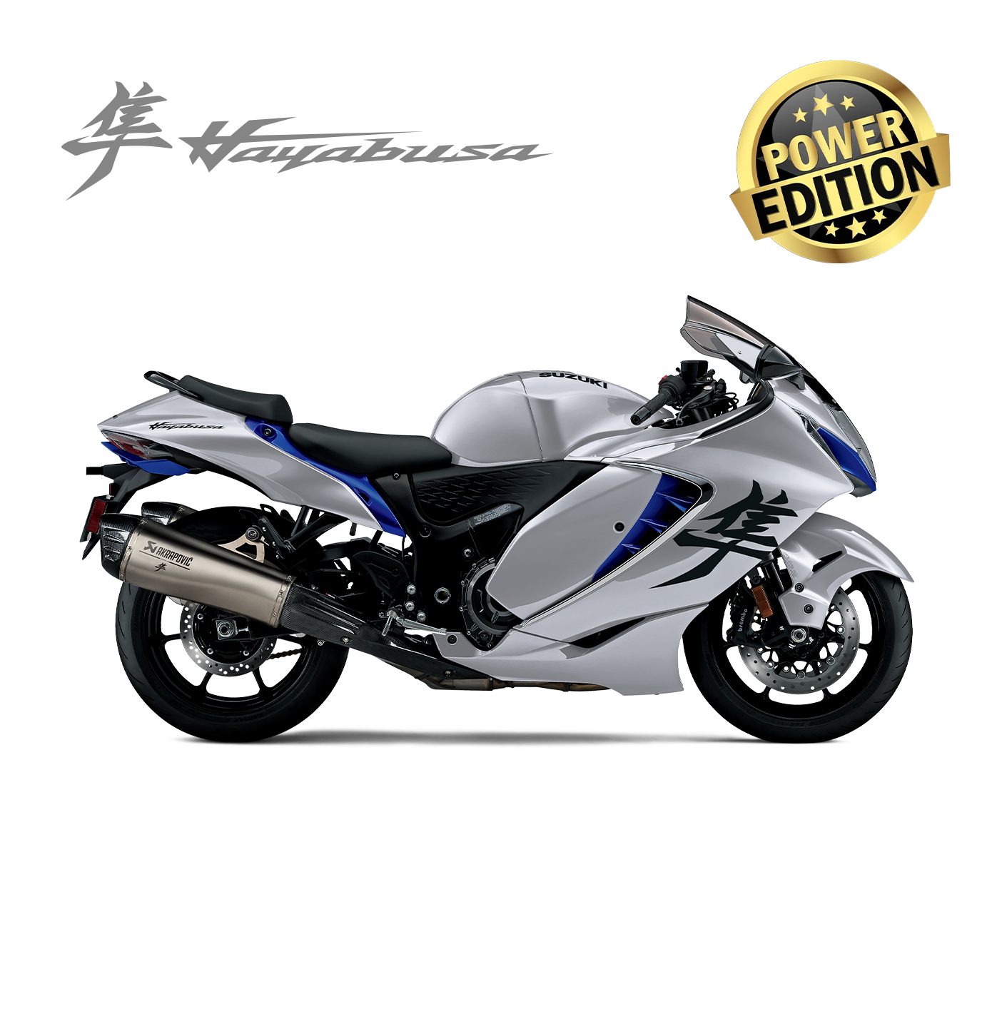 Hayabusa Power Edition Ein Meisterwerk aus Kraft, Aerodynamik und purem Fahrspaß. In der Power Edition setzt die Hayabusa noch einen drauf: Der Akrapovič Slip-On Endschalldämpfer verleiht ihr einen tiefen, kraftvollen Sound, der Gänsehaut garantiert. Ein Klang, der die Straße vibrieren lässt und dein Herz schneller schlagen lässt. Der goldfarben eloxierte Kettenspanner, veredelt mit Kettengliedern, die stolz das ikonische ‚Hayabusa Kanji‘-Logo tragen, ist mehr als ein Detail – er ist eine Hommage an die Legende, ein Symbol für unbändige Leidenschaft und pure Perfektion.
